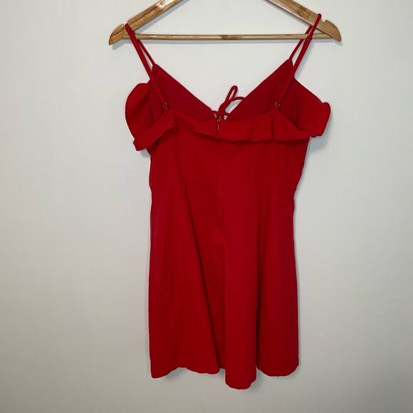 All In Favor Red Mini Dress M Womens Sleeveles V Neck Tie Detail Linen Ruffle - Picture 4 of 7